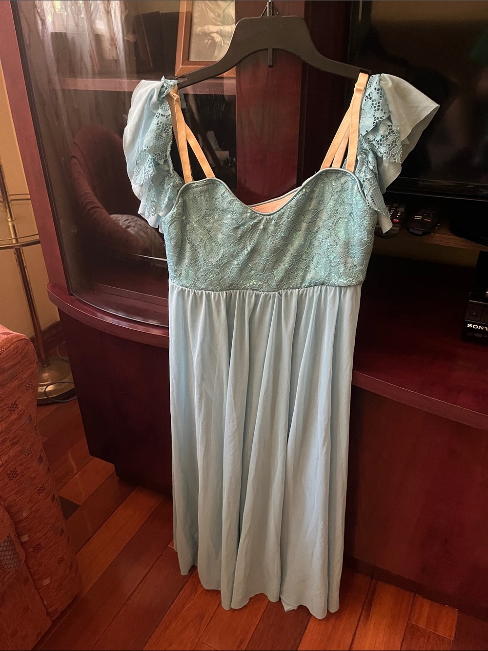 Weissman Light Blue Lace Bodice Dance Costume with Ruffled Straps